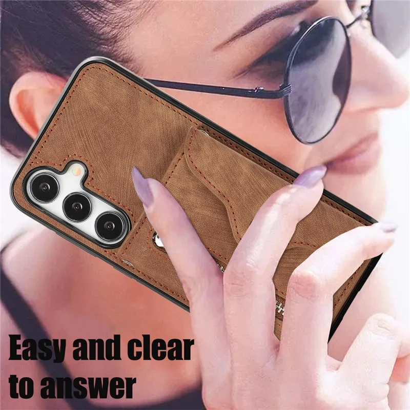 For Samsung Galaxy S24 FE Case PU Leather + TPU RFID Blocking Card Slots Phone Cover with 2 Straps - Brown