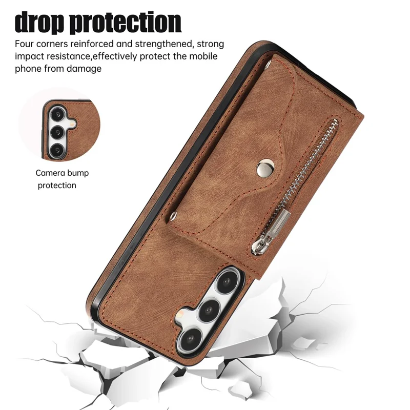 For Samsung Galaxy S24 FE Case PU Leather + TPU RFID Blocking Card Slots Phone Cover with 2 Straps - Brown