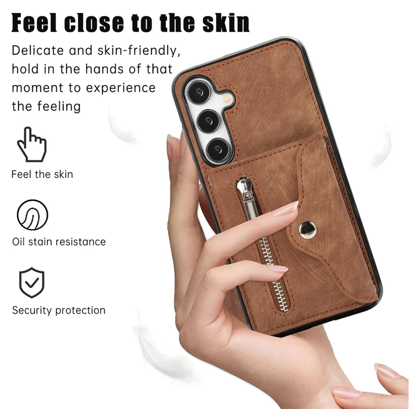 For Samsung Galaxy S24 FE Case PU Leather + TPU RFID Blocking Card Slots Phone Cover with 2 Straps - Brown