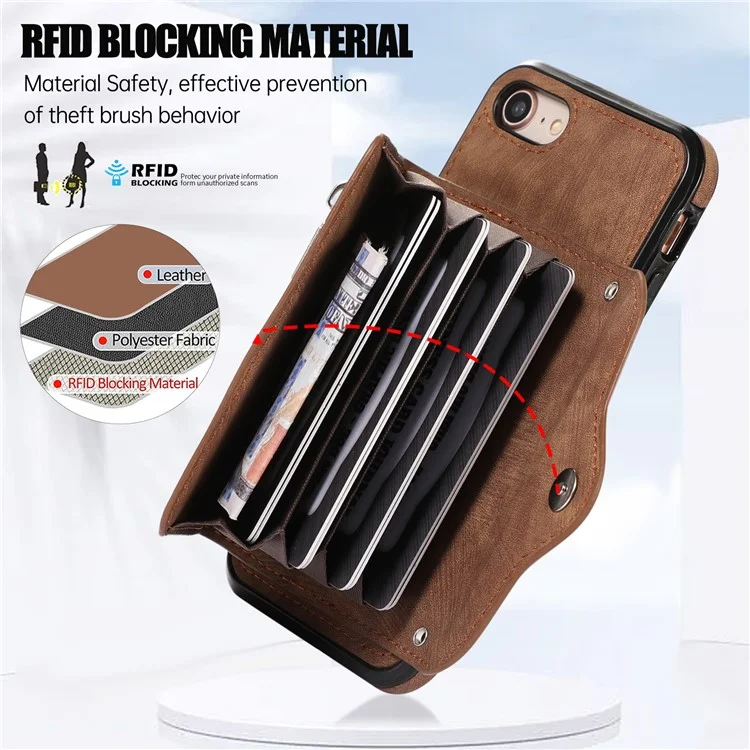 For iPhone 16e Case PU Leather + TPU RFID Blocking Card Slots Phone Cover with 2 Straps - Brown