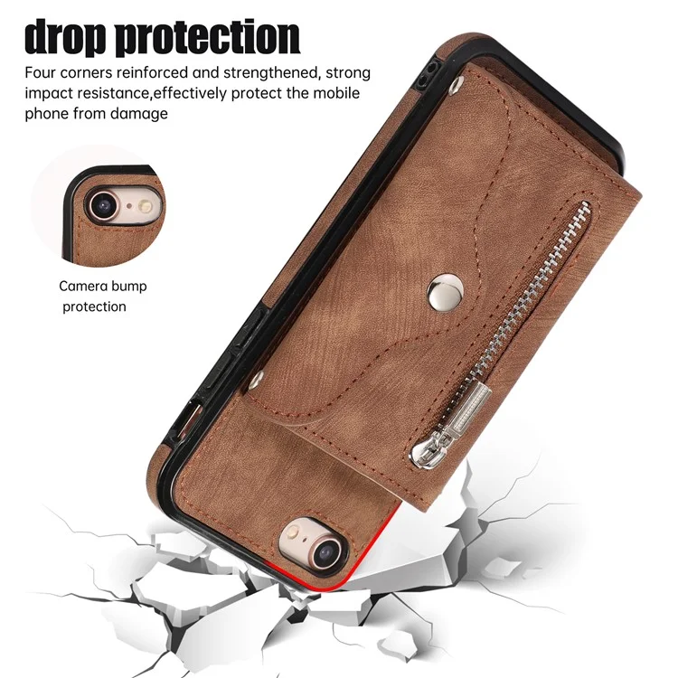 For iPhone 16e Case PU Leather + TPU RFID Blocking Card Slots Phone Cover with 2 Straps - Brown