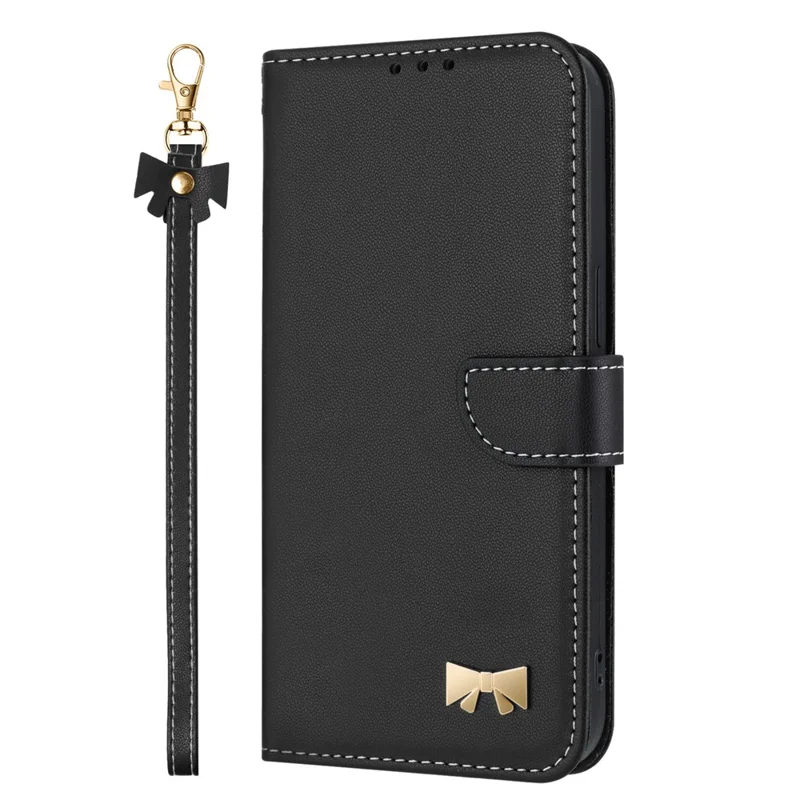 Étui pour iPhone 16 Pro Décoration Noeud papillon Portefeuille Housse de téléphone en cuir avec Dragonne - Noir