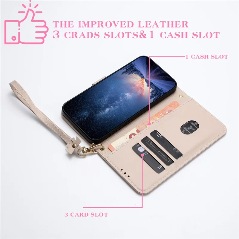 For iPhone 16 Pro Case Bowknot Decor Wallet Leather Phone Cover with Wrist Strap - Khaki