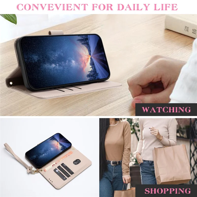 For iPhone 16 Pro Case Bowknot Decor Wallet Leather Phone Cover with Wrist Strap - Khaki
