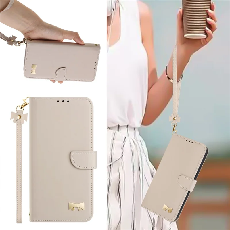 For iPhone 16 Pro Case Bowknot Decor Wallet Leather Phone Cover with Wrist Strap - Khaki
