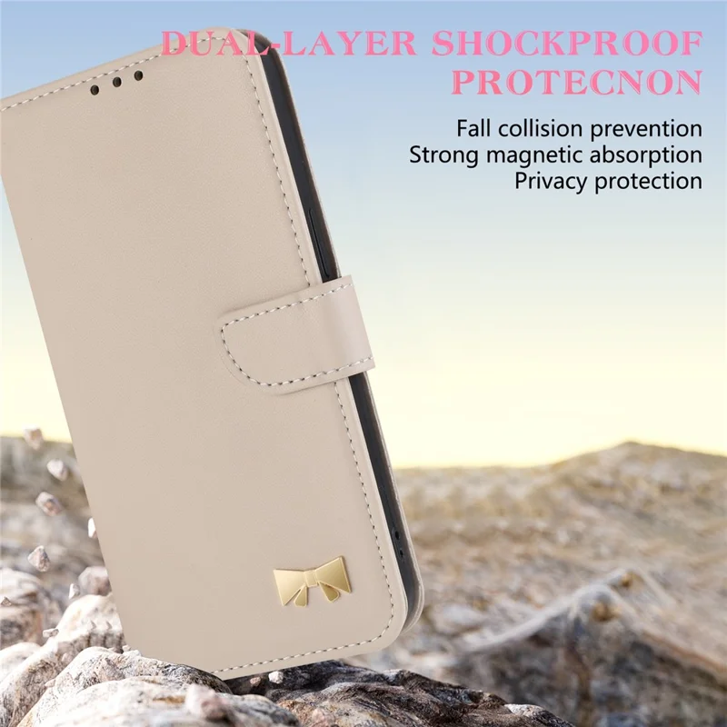 For iPhone 16 Pro Case Bowknot Decor Wallet Leather Phone Cover with Wrist Strap - Khaki