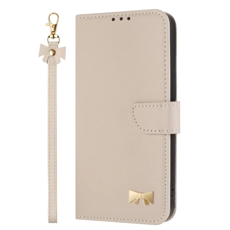 For iPhone 16 Pro Case Bowknot Decor Wallet Leather Phone Cover with Wrist Strap - Khaki