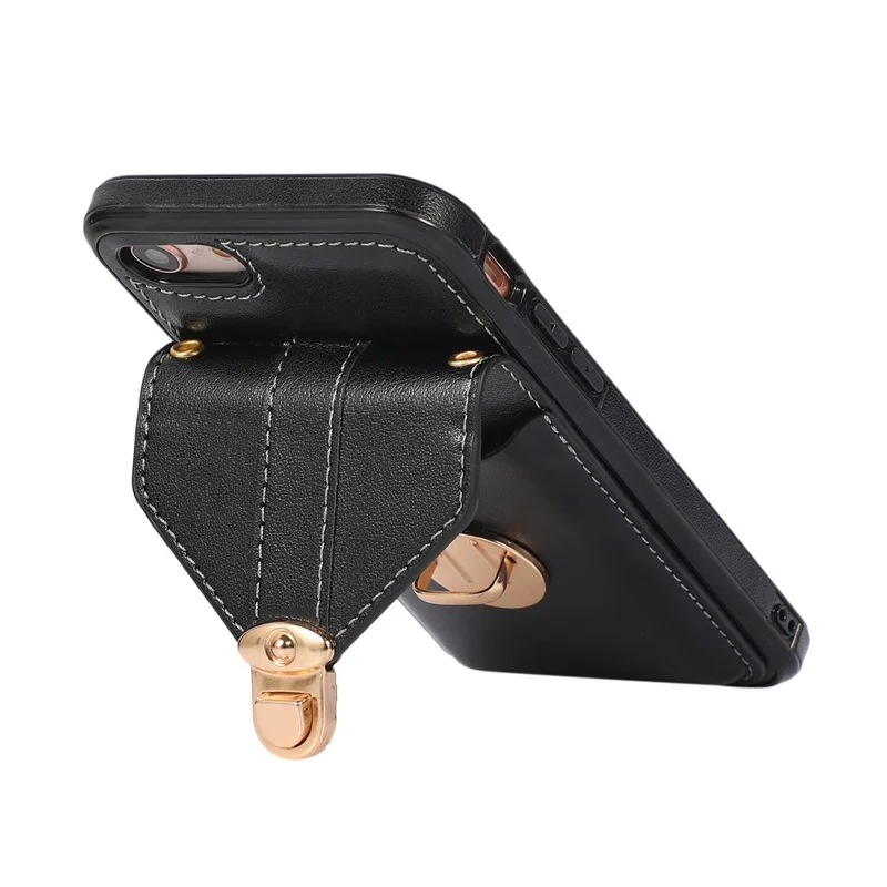 For iPhone 16e Case Card Holder Kickstand PU Leather + TPU Phone Cover with Shoulder Strap - Black