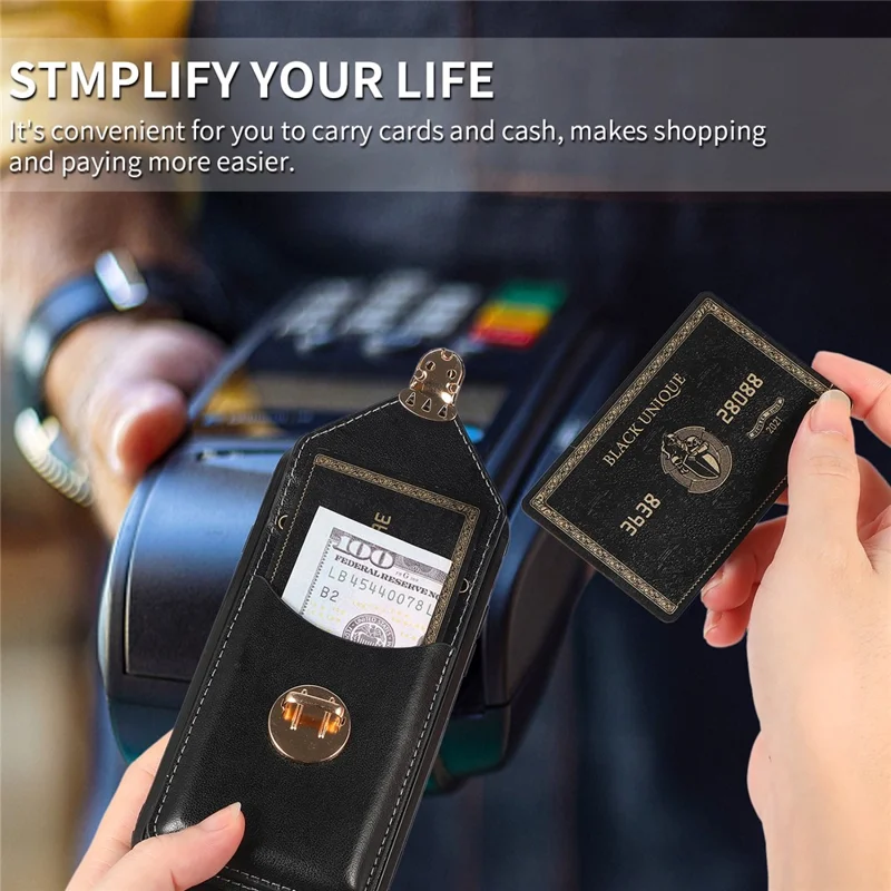 For iPhone 16e Case Card Holder Kickstand PU Leather + TPU Phone Cover with Shoulder Strap - Black