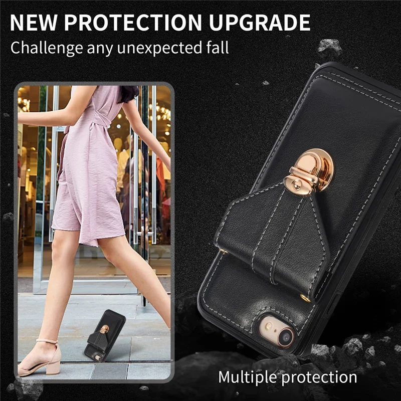 For iPhone 16e Case Card Holder Kickstand PU Leather + TPU Phone Cover with Shoulder Strap - Black