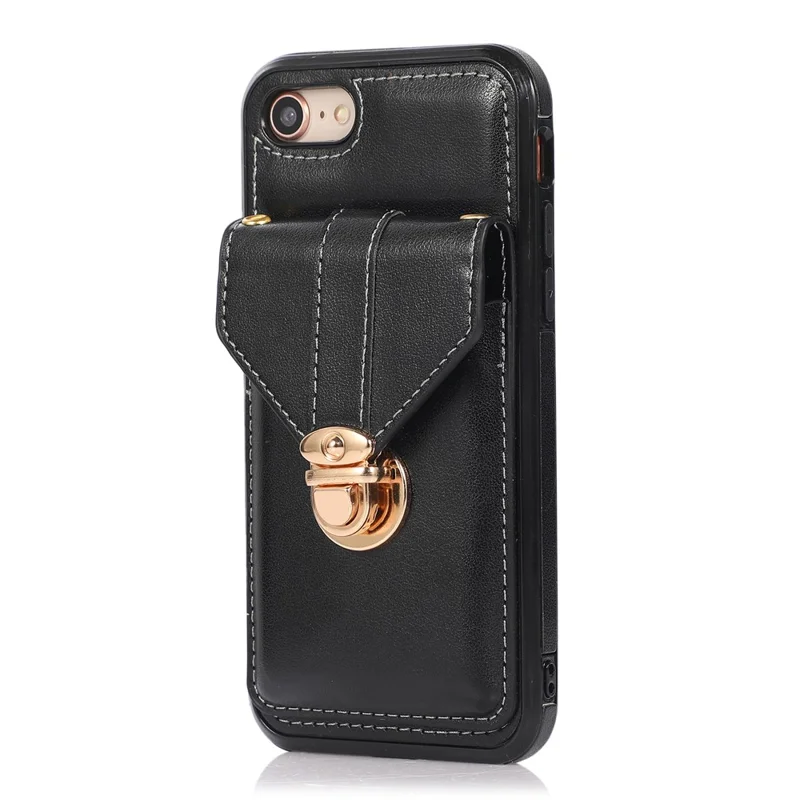 For iPhone 16e Case Card Holder Kickstand PU Leather + TPU Phone Cover with Shoulder Strap - Black