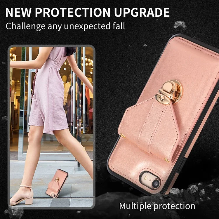 Чехол для iPhone 16e с держателем карты и подставкой, из искусственной кожи + TPU, с ремешком через плечо - Розовое золото