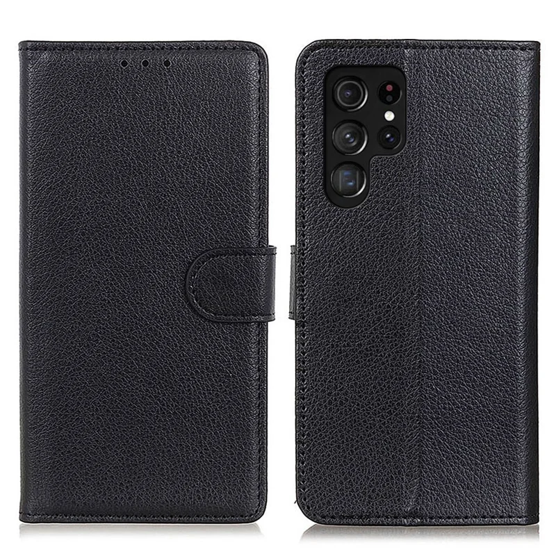 Shockproof Phone Case For Samsung Galaxy S23 Ultra, Litchi Texture Wallet Stand Scratch-resistant PU Leather Phone Cover - Black
