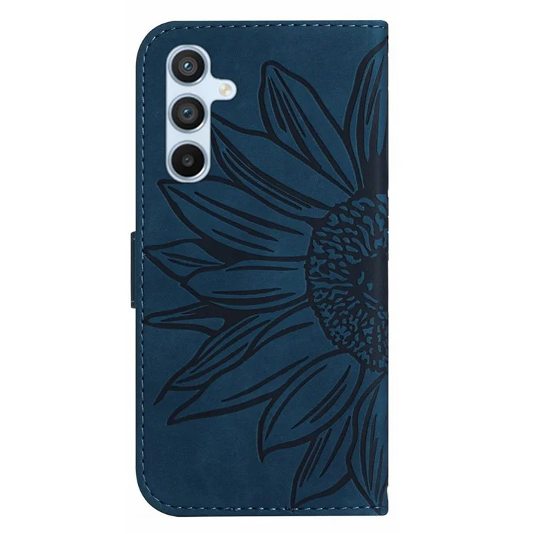For Samsung Galaxy A17 Case Sunflower Imprint PU Leather Phone Cover with Long Strap - Dark Blue
