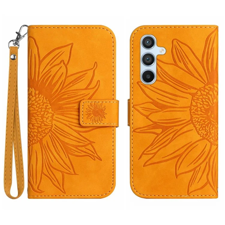 For Samsung Galaxy A17 Case Sunflower Imprint Leather Wallet Phone Cover with Wrist Strap - Yellow