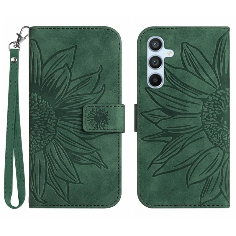 For Samsung Galaxy A17 5G / A17 4G / A26 5G Case Sunflower Imprint Leather Wallet Phone Cover with Wrist Strap - Dark Green