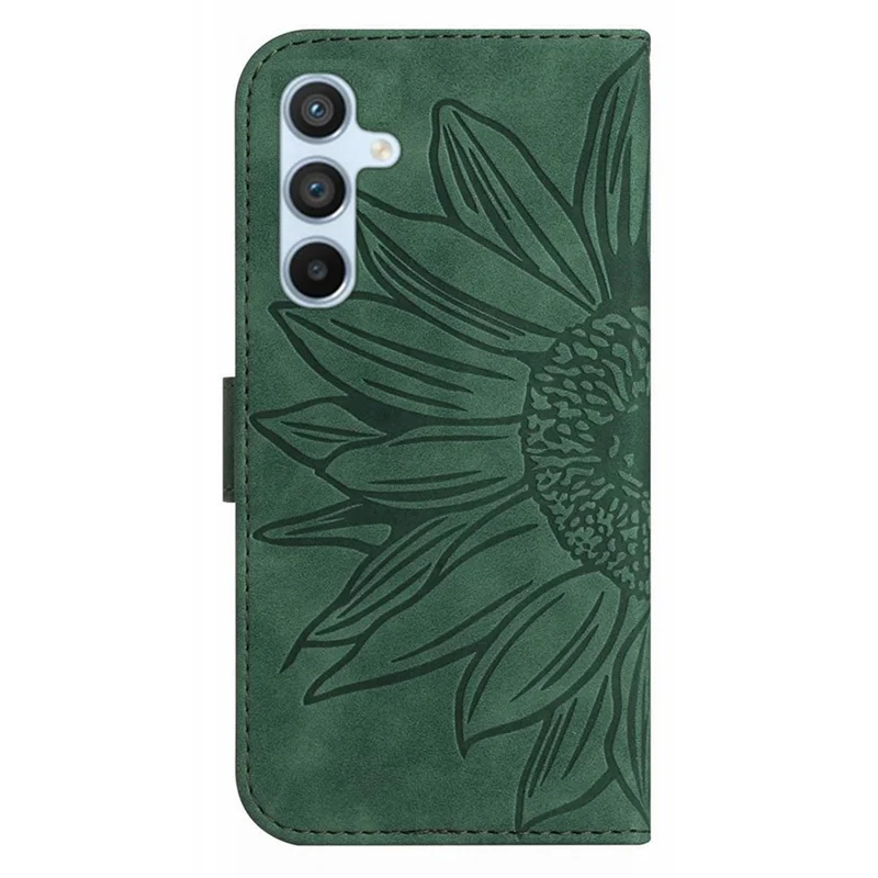 For Samsung Galaxy A17 5G / A17 4G / A26 5G Case Sunflower Imprint Leather Wallet Phone Cover with Wrist Strap - Dark Green