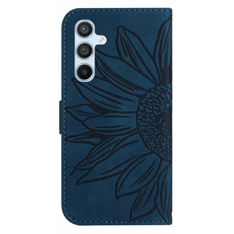 For Samsung Galaxy A17 5G / A17 4G / A26 5G Case Sunflower Imprint Leather Wallet Phone Cover with Wrist Strap - Dark Blue