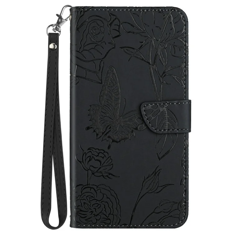 For Samsung Galaxy A17 Case Butterfly Flower Imprinted Leather Phone Cover with Strap - Black