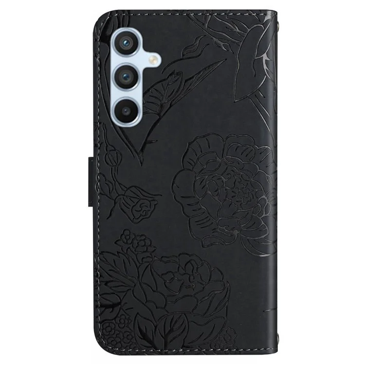 For Samsung Galaxy A17 Case Butterfly Flower Imprinted Leather Phone Cover with Strap - Black