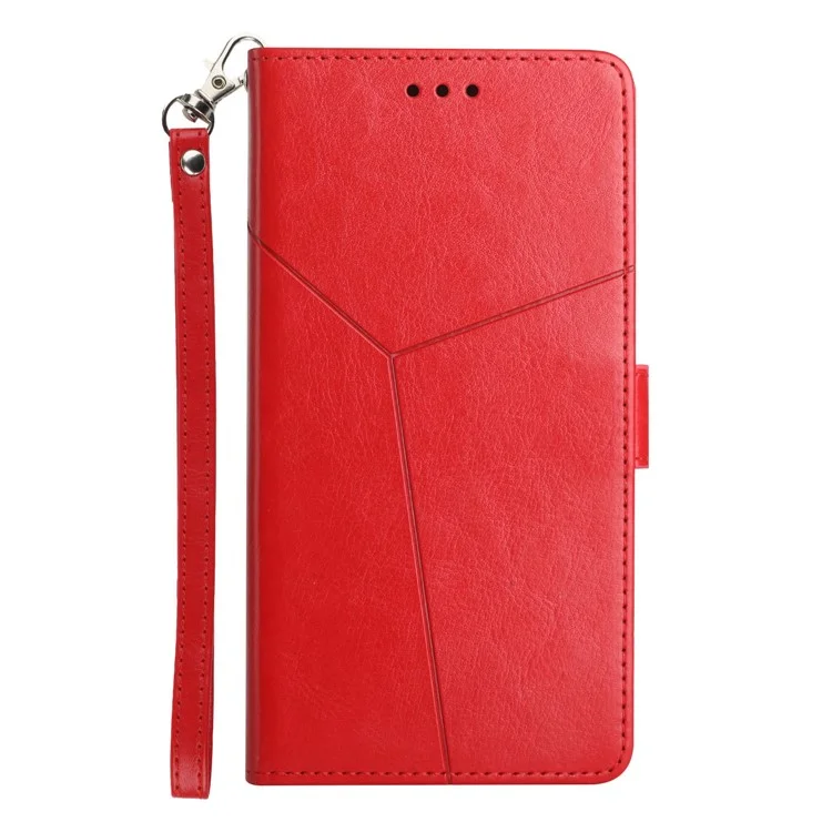 For Samsung Galaxy A17 Case with Wrist Strap Y Shaped Lines Imprint Leather Phone Cover - Red