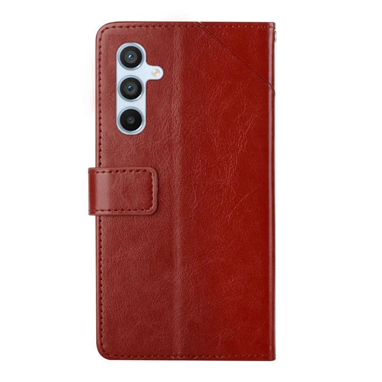 For Samsung Galaxy A17 Case with Wrist Strap Y Shaped Lines Imprint Leather Phone Cover - Brown