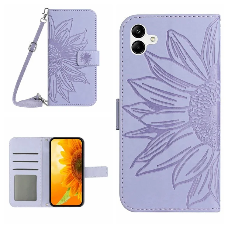 For Samsung Galaxy A07 Case Sunflower Imprint PU Leather Phone Cover with Long Strap - Light Purple