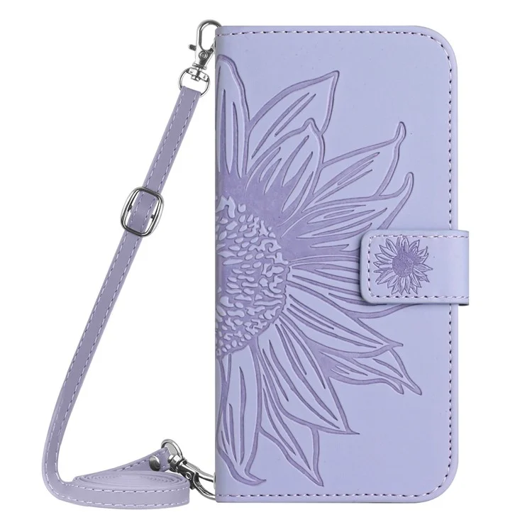 For Samsung Galaxy A07 Case Sunflower Imprint PU Leather Phone Cover with Long Strap - Light Purple
