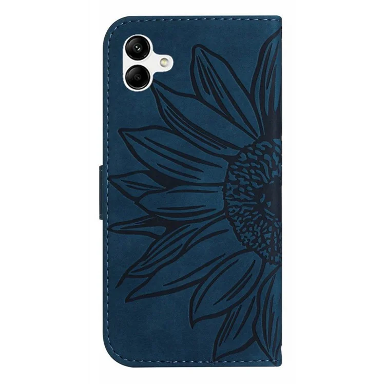 For Samsung Galaxy A07 Case Sunflower Imprint Leather Wallet Phone Cover with Wrist Strap - Dark Blue