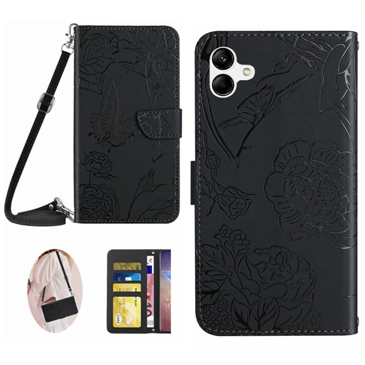 For Samsung Galaxy A07 Case Butterfly Flower Imprint Leather Phone Cover with Shoulder Strap - Black