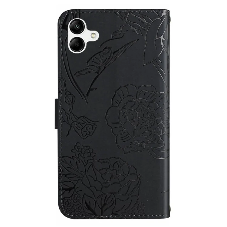For Samsung Galaxy A07 Case Butterfly Flower Imprint Leather Phone Cover with Shoulder Strap - Black