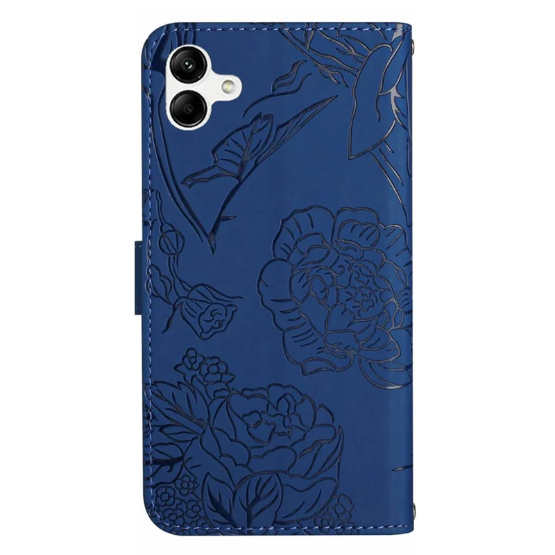 For Samsung Galaxy A07 4G / A07 5G / A06 5G / A06 4G Case Butterfly Flower Imprint Leather Phone Cover with Shoulder Strap - Blue