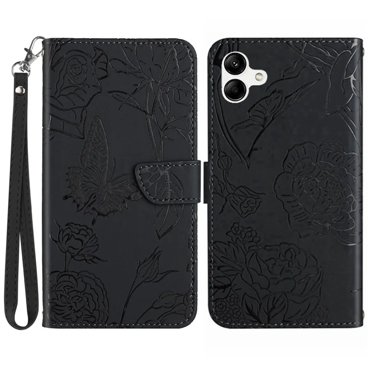 For Samsung Galaxy A07 Case Butterfly Flower Imprinted Leather Phone Cover with Strap - Black