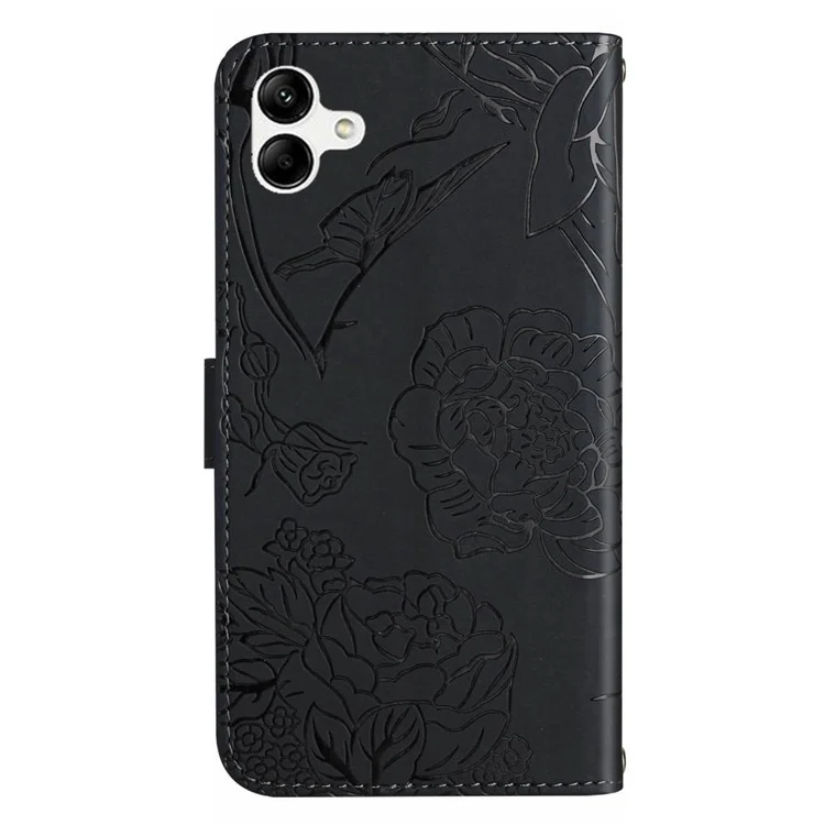 For Samsung Galaxy A07 Case Butterfly Flower Imprinted Leather Phone Cover with Strap - Black
