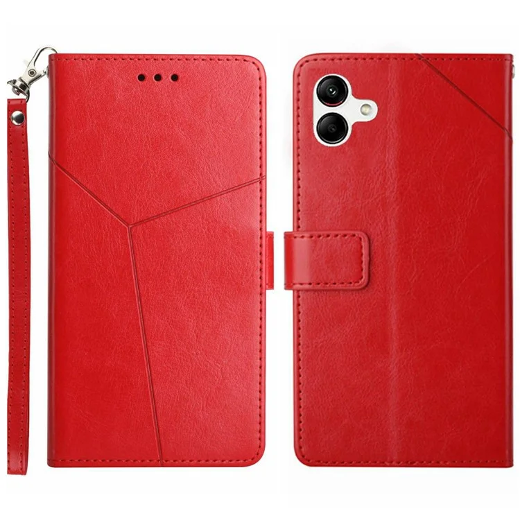 For Samsung Galaxy A07 Case with Wrist Strap Y Shaped Lines Imprint Leather Phone Cover - Red