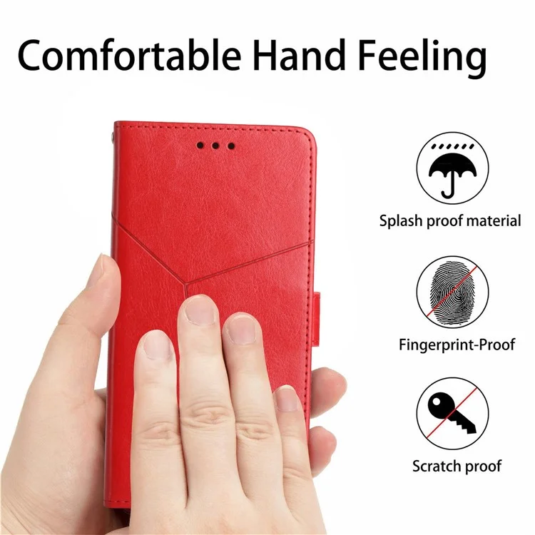 For Samsung Galaxy A07 Case with Wrist Strap Y Shaped Lines Imprint Leather Phone Cover - Red