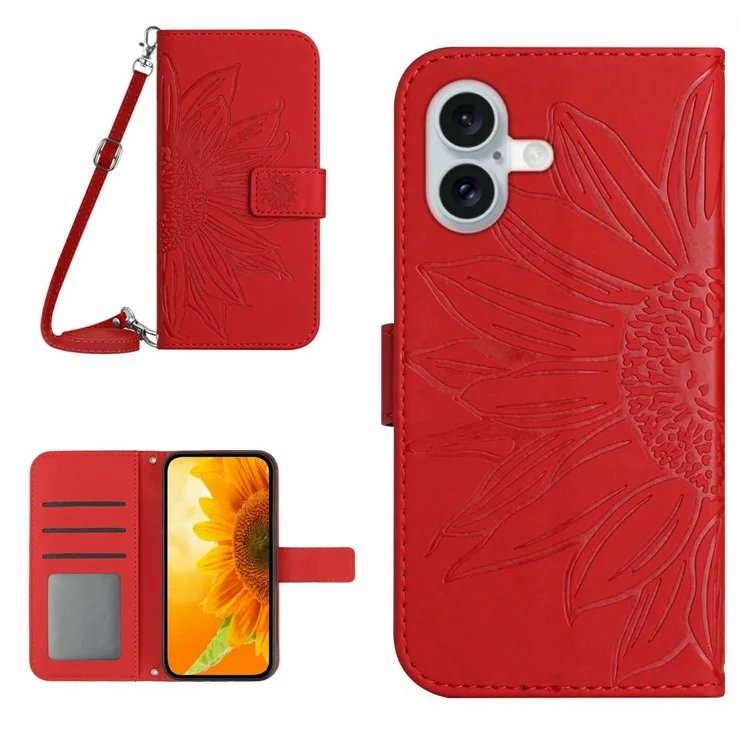For iPhone 17 Case Sunflower Imprint PU Leather Phone Cover with Long Strap - Red