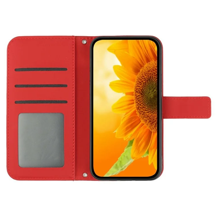 For iPhone 17 Case Sunflower Imprint PU Leather Phone Cover with Long Strap - Red