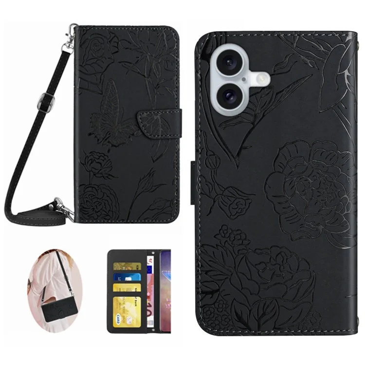 For iPhone 17 Case Butterfly Flower Imprint Leather Phone Cover with Shoulder Strap - Black