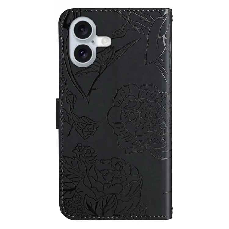 For iPhone 17 Case Butterfly Flower Imprint Leather Phone Cover with Shoulder Strap - Black