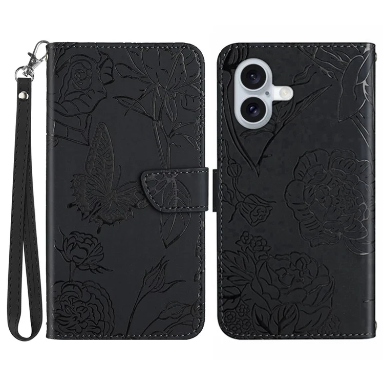 For iPhone 17 Case Butterfly Flower Imprinted Leather Phone Cover with Strap - Black