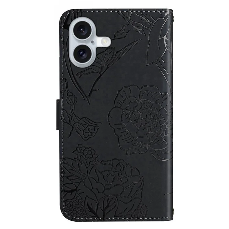 For iPhone 17 Case Butterfly Flower Imprinted Leather Phone Cover with Strap - Black