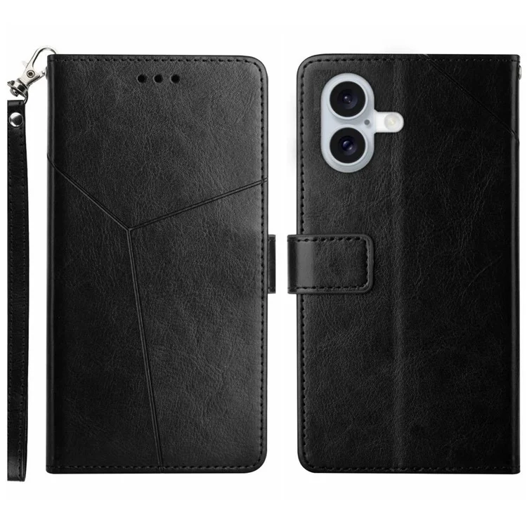 For iPhone 17 Case with Wrist Strap Y Shaped Lines Imprint Leather Phone Cover - Black