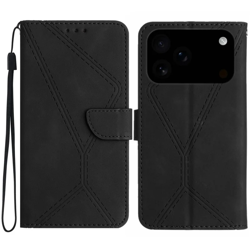 For iPhone 17 Pro Case Skin Touch Lines Imprinted PU Leather Flip Phone Cover - Black