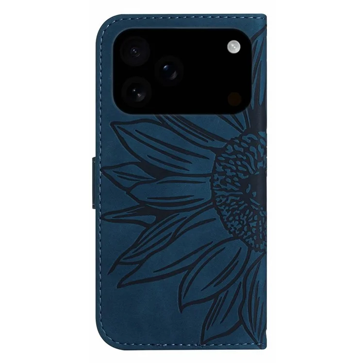For iPhone 17 Pro Case Sunflower Imprint PU Leather Phone Cover with Long Strap - Dark Blue