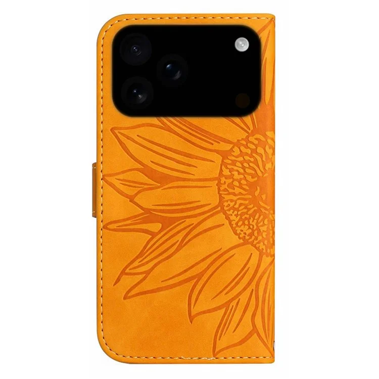 For iPhone 17 Pro Case Sunflower Imprint Leather Wallet Phone Cover with Wrist Strap - Yellow