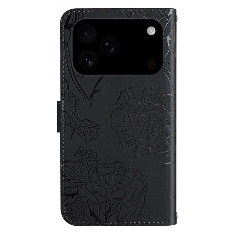 For iPhone 17 Pro Case Butterfly Flower Imprint Leather Phone Cover with Shoulder Strap - Black