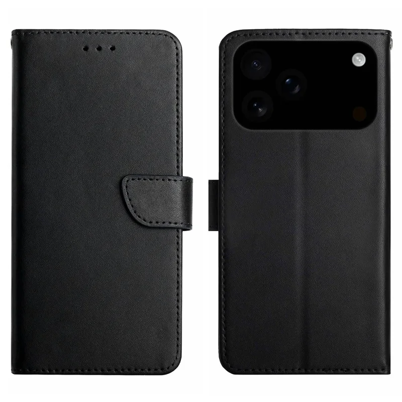 For iPhone 18 Pro / 17 Pro Case Genuine Cow Leather Phone Cover Nappa Texture - Black