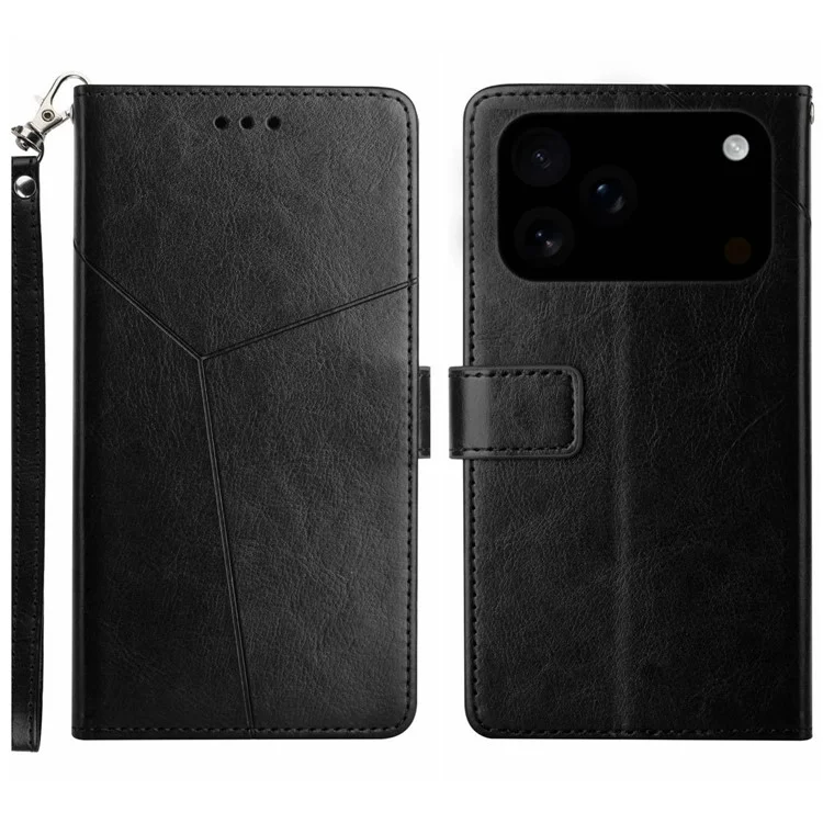 For iPhone 17 Pro Case with Wrist Strap Y Shaped Lines Imprint Leather Phone Cover - Black