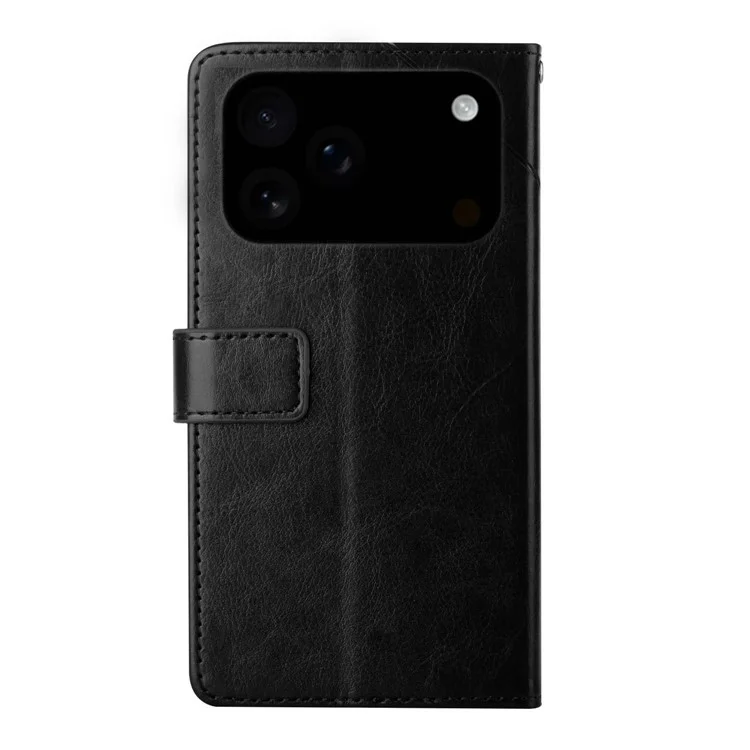 For iPhone 17 Pro Case with Wrist Strap Y Shaped Lines Imprint Leather Phone Cover - Black